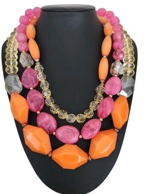 Retro Style Triple Strand Chunky Statement Necklace Orange Pink Yellow Beads 22"